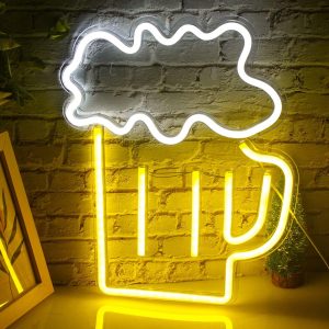 Cartel de neon de cerveza amarillo y blanco