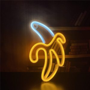 Cartel neon led amarillo y blanco forma de platano